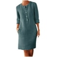 thumbnail image 2 of Cavosen Womens Long Sleeve Dresses Blue Cotton Linen Midi Dress Crew Neck Knee Length Dress Solid Casual Trendy Dress Button with Pocket Party Vacation Fall Winter Clothes XL, 2 of 5
