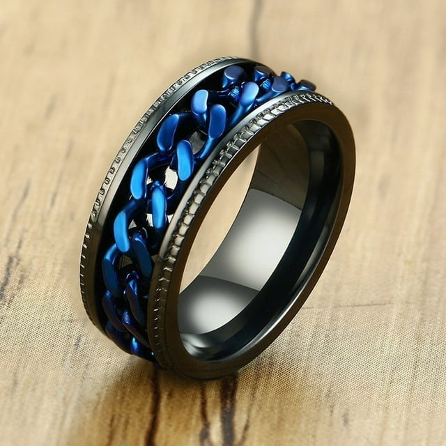 Mens FIDGET Black Rings with Center Curb Chain Spinner Ring Stainless Steel