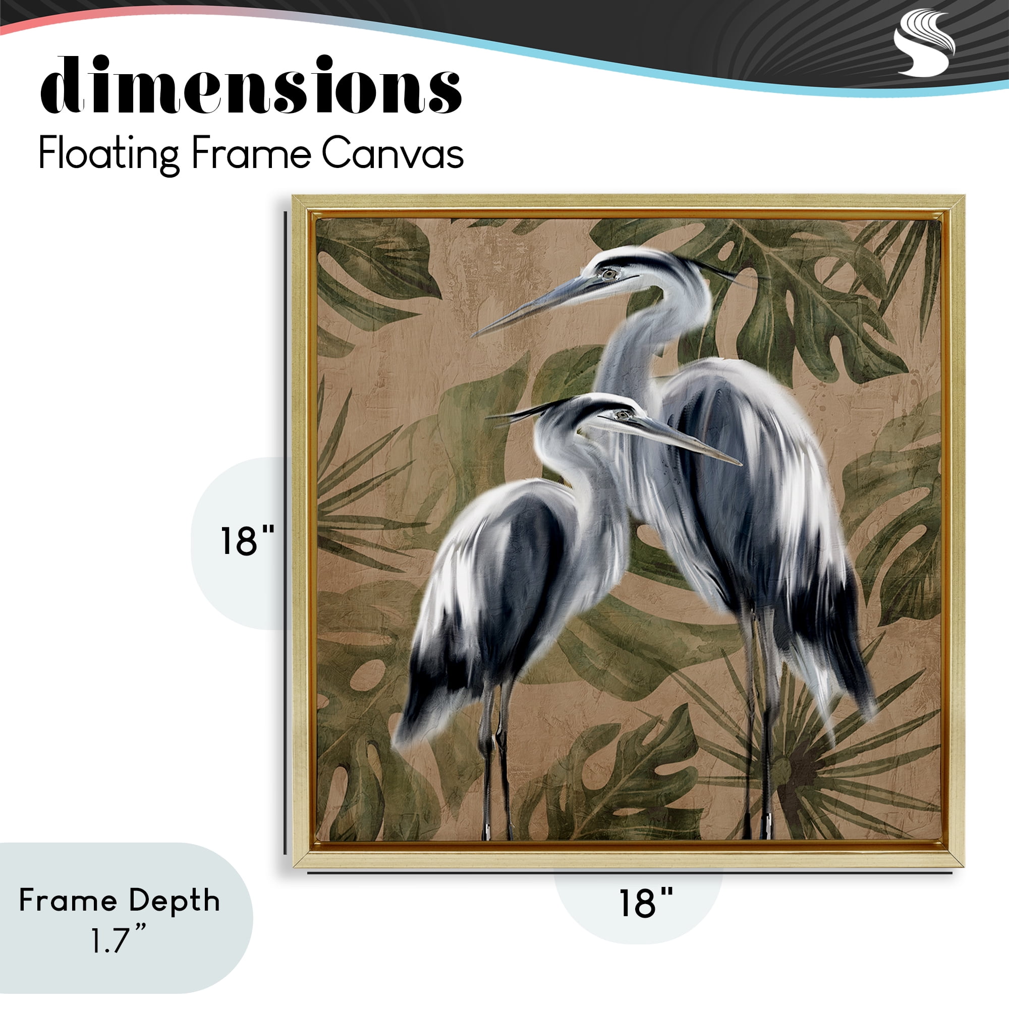 Stupell Industries Two Herons over Tropical Leaves Gold Framed Floater Canvas Wall Art, design by Kim Allen