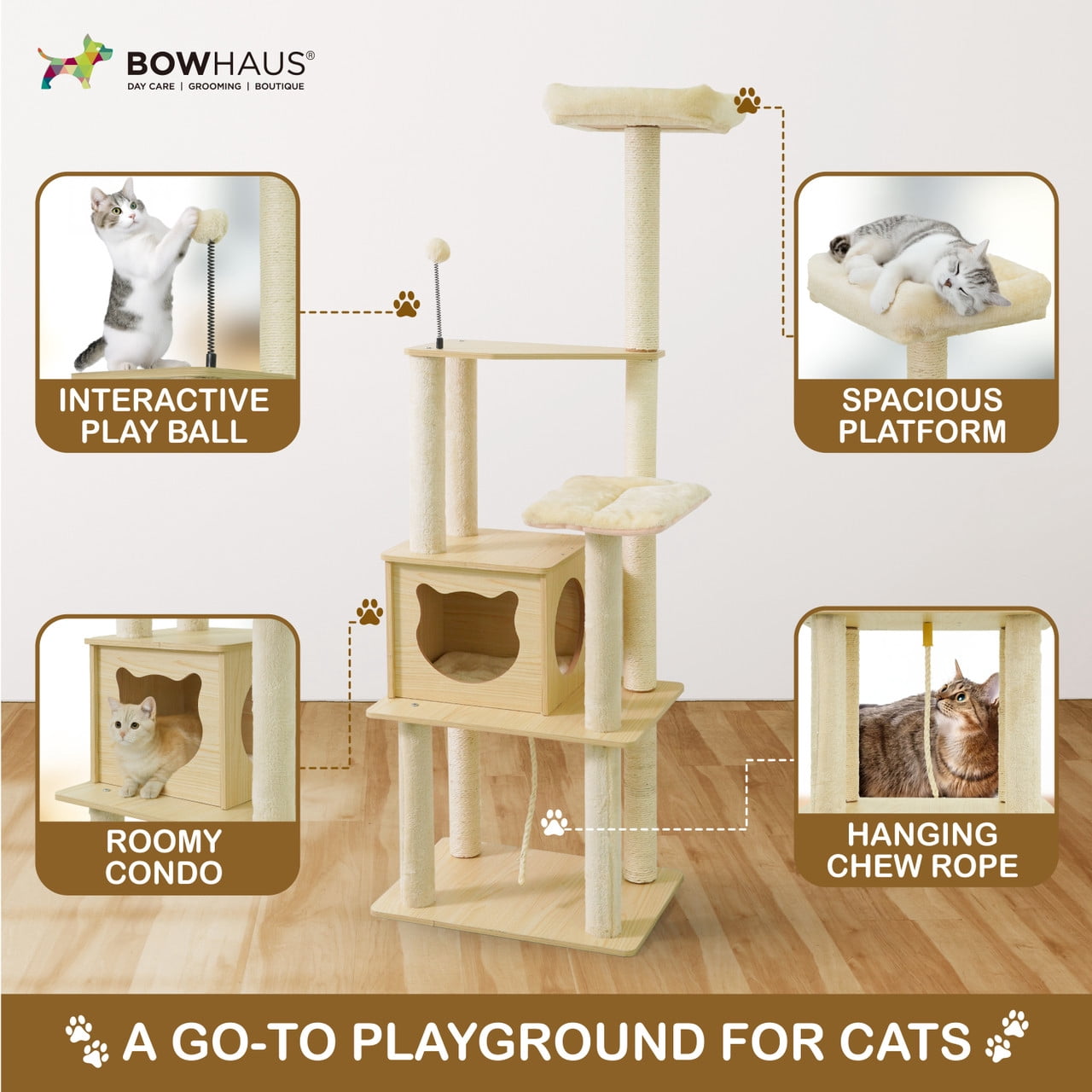 CAPHAUS 65-inch Multi-level Cat Tree with Cat Cave Condo & Top Perch, Tall Wooden Cat Tower for Indoor Cats with Scratching Posts, Detachable Cushion, Interactive Balls, Top Perch