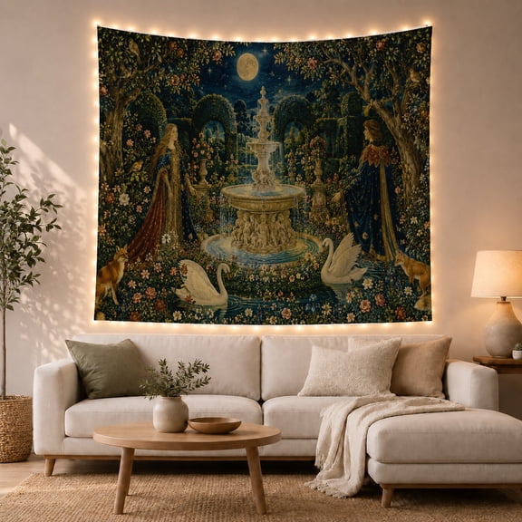 Fairy Tale Garden Fountain with Swans and Figures, Whimsical Fantasy Style for Nature Lovers, Mystical Wall Art, Christmas Gift Tapestry Wall Hanging for Bedroom, Living Room and Dorm