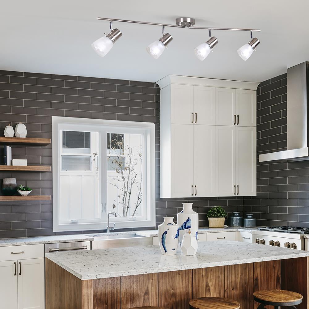 35.6" Dimmable Decorative Track Lighting Kit, Brushed Steel Finish Flush Mount Ceiling Light Fixture with Frosted Glass Shades, Foldable Arms with E26 Base Adjustable Heads (4-Light)