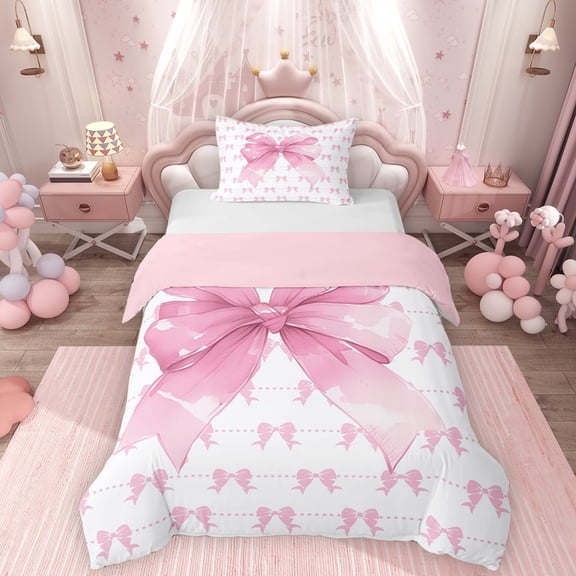 Erosebridal Cute Bowknot Twin Bedding for Girls, Pink Ribbon Duvet Cover Set, Pink Reversible, 1 Duvet Cover and 1 Pillowcase (No Comforter)
