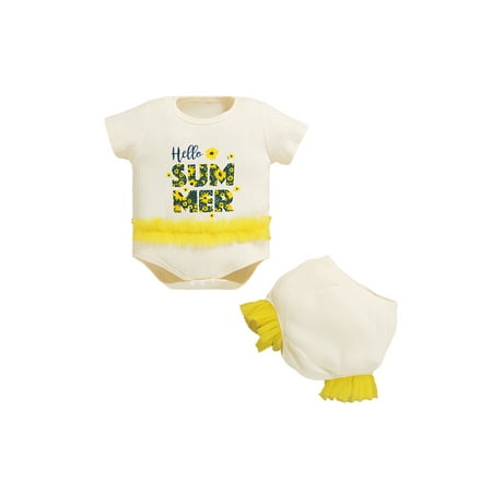 

One opening Baby 2PCS Summer Outfits Short Sleeve Bodysuit + Ruffle Bloomers