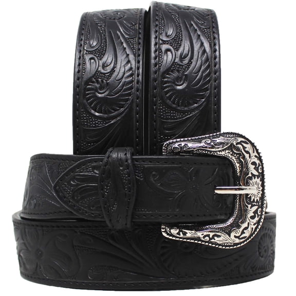 48 Western 1-1/2" Wide Floral Tooled Full-Grain Black Leather Belt 26RS08