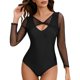 thumbnail image 1 of Gibobby Trajes de Natación para Mujer Traje de baño de manga larga de malla con costuras ahuecadas sexy para mujer(Negro,XL), 1 of 5