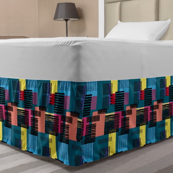 Retro Bed Skirt, Hand Drawn Vintage Composition of Geometric Shapes Squares Rectangles and Stripes, Elastic Bedskirt Dust Ruffle Wrap Around for Bedding Decor, 4 Sizes, Multicolor, by Ambesonne