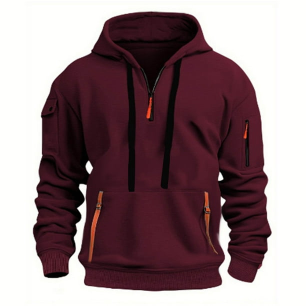 Sudadera con capucha para hombre, jersey liso de manga larga, múltiples bolsillos, media cremallera, sudadera deportiva con capucha, abrigo, blusa de poliéster para hombre