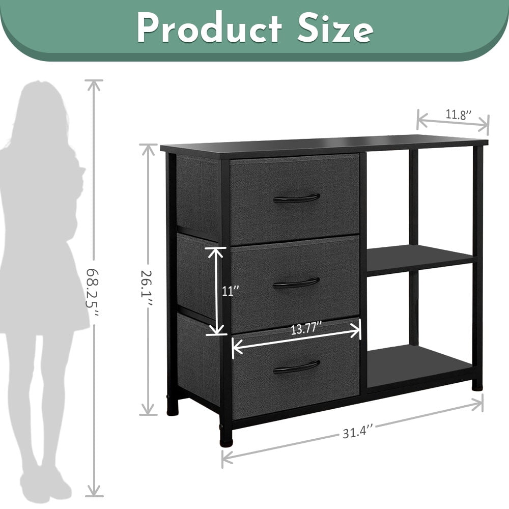 ACCVER 3-Drawer Fabric Dresser with Shelves, Closet and Chest for Bedroom, Clothes Storage Organizer, for Living Room, Apartment, Dark Grey