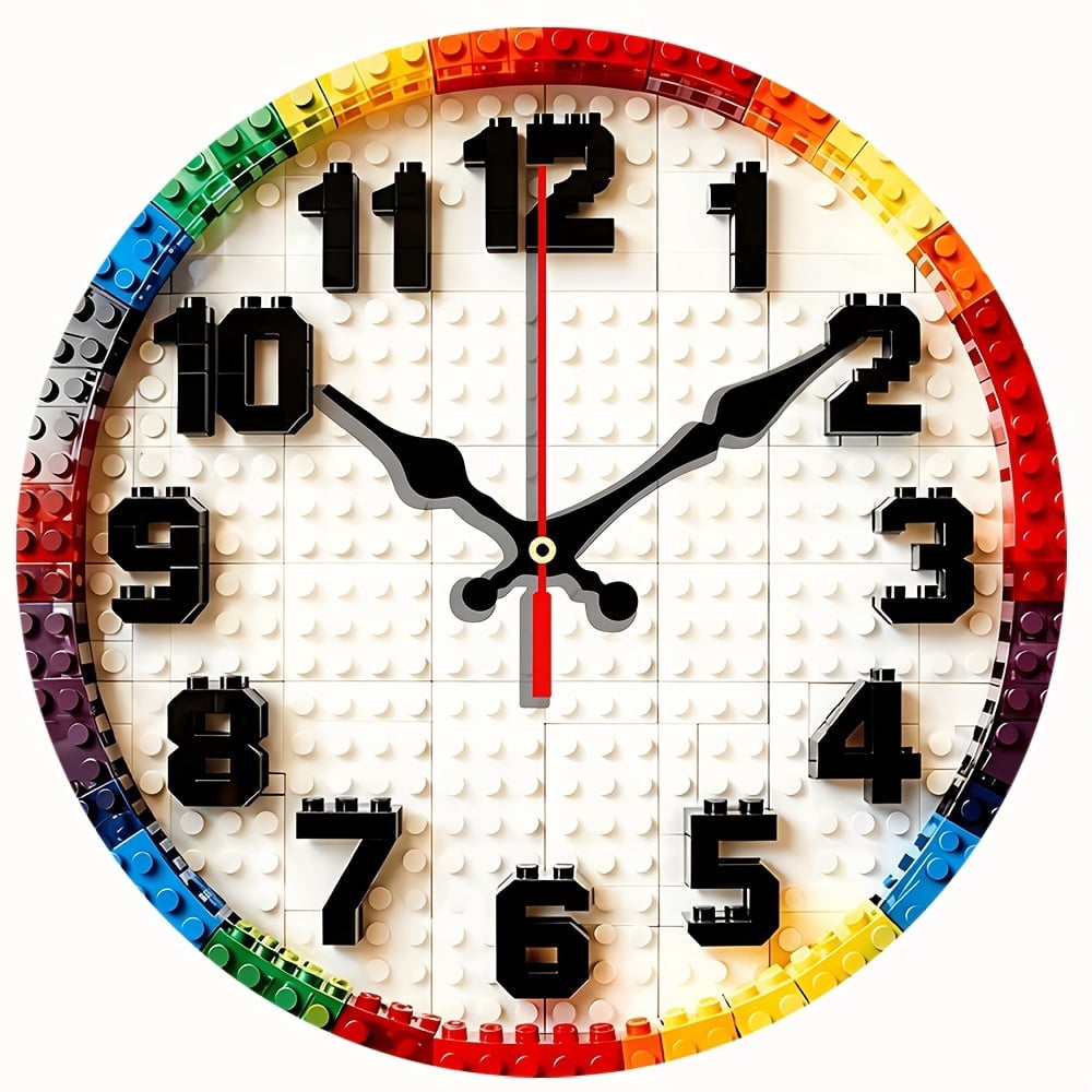 2D Flat Wooden Wall Clock,White Building Blocks theme, wooden circular silent wall clock,suitable for modern home art decoration - AA Battery Not Included