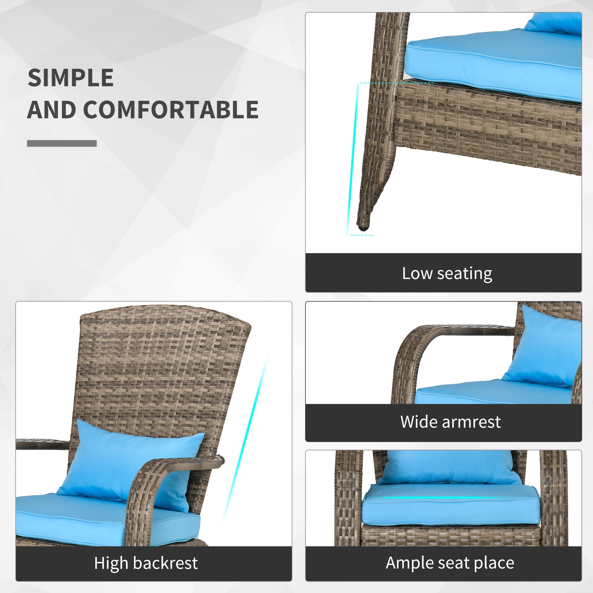 Outsunny Patio Adirondack Chair with All-Weather Rattan Wicker, Soft Cushions, Tall Curved Backrest for Deck or Garden, Sky Blue