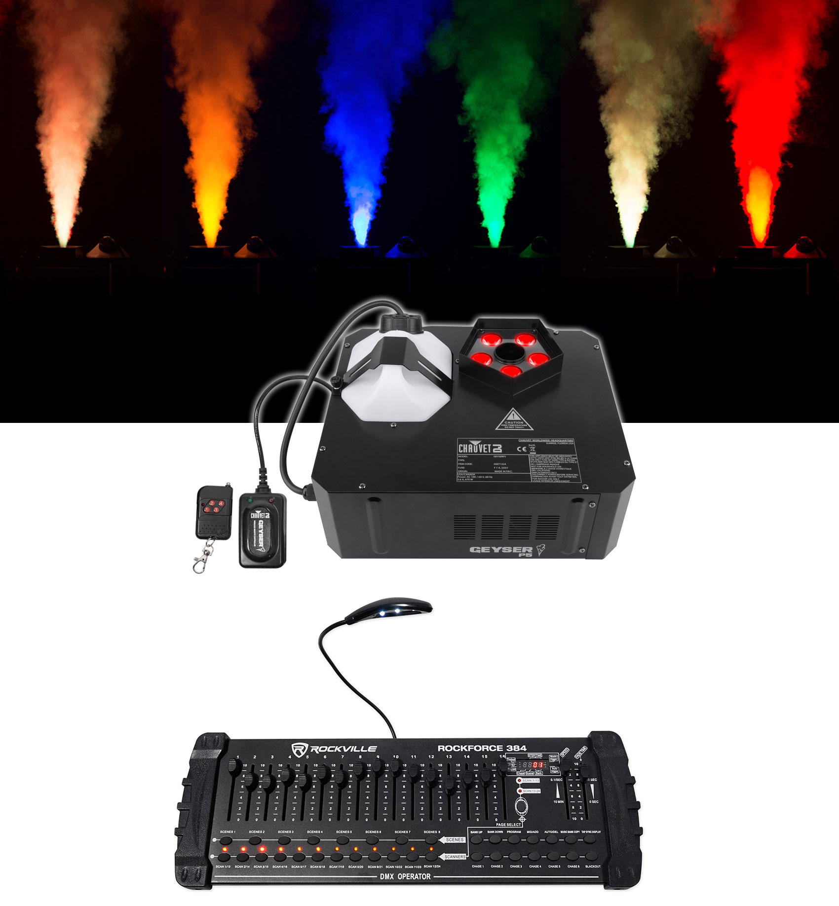 Chauvet DJ GEYSER P5 Fog Machine Fogger, RGBA+UV LED+384 Ch DMX Controller