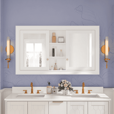 ANGELES HOME 55"x 32" Bathroom Medicine Cabinet with Dual Mirrors, Recessed Wood Medicine Cabinet with 6-Tier Adjustable Glass Shelves and 2 Soft-Close Door