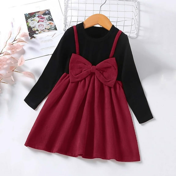 NAISIBABY Girls Spliced Dresses, Cute Bowknot Long Sleeve Fashion Party Fall Corduroy Midi Dress Wine 2T