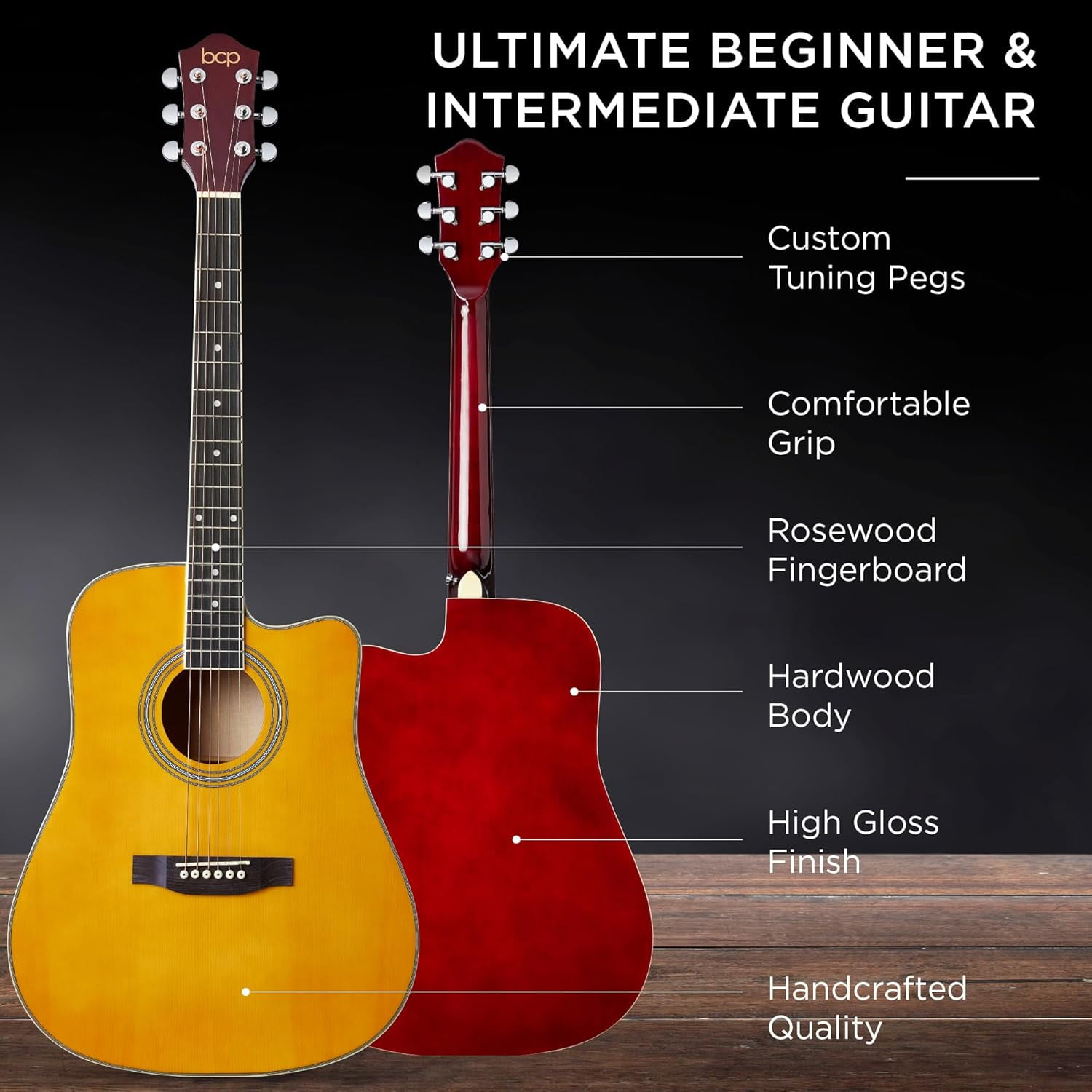 HarmonyStrings 41in Beginner Acoustic Guitar Full Size All Wood Cutaway Guitar Starter Set w/Case, Strap, Capo, Strings Aged Natural
