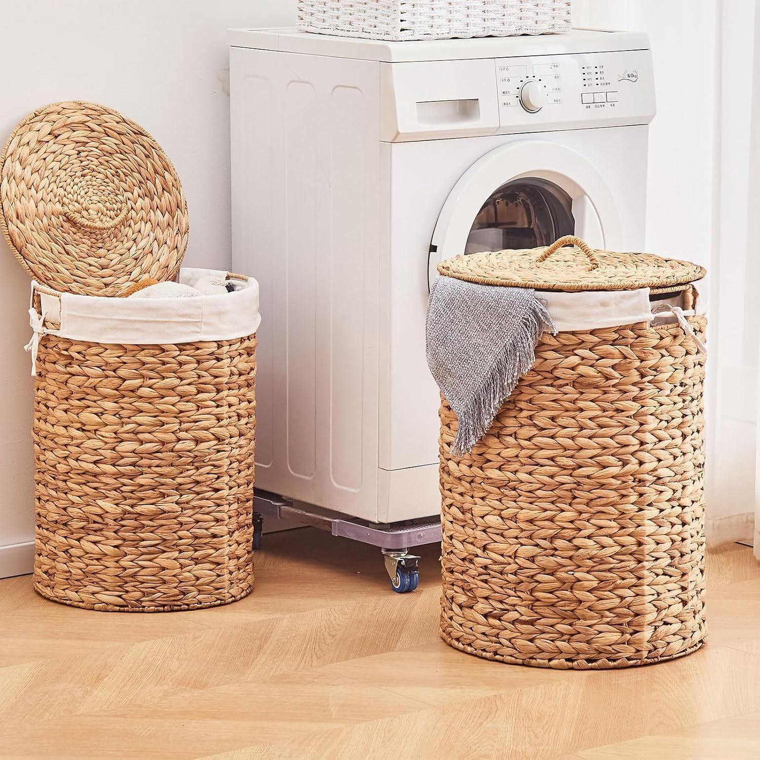 Casa Pura Furniture Handwoven Water Hyacinth Laundry Hamper with Lid, 60L Wicker Storage Basket with Handles for Home Organization, Bedroom Bathroom Use