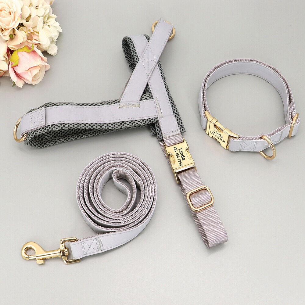 Pet Artist 3pcs Personalized Dog Harness & Collar & Leash set Metal ID Name Metal Buckle Mesh Padded Adjustable