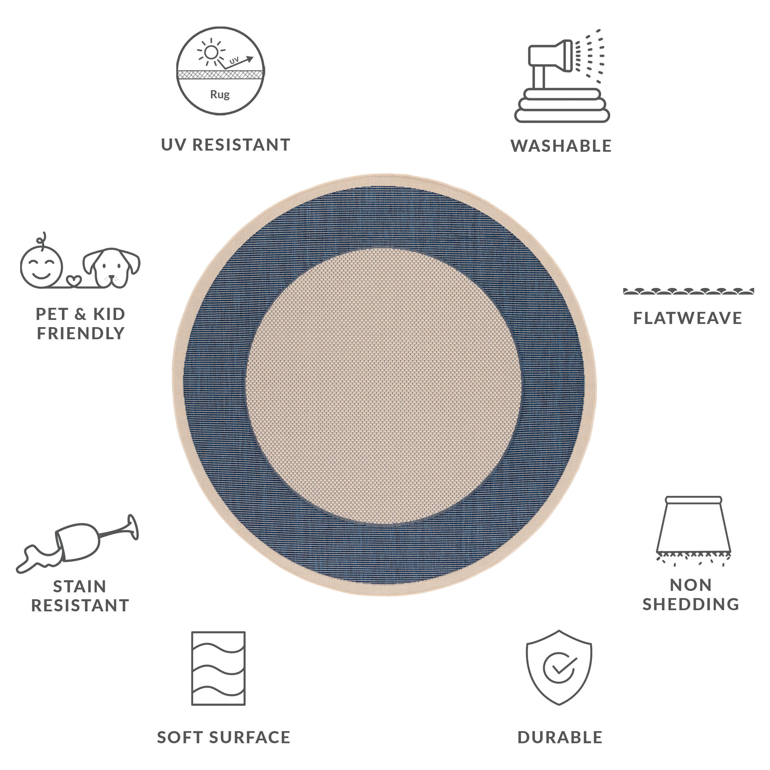 Safavieh Courtyard Justine Bordered Indoor/Outdoor Area Rug, Beige/Navy, 5'3" x 5'3" Round