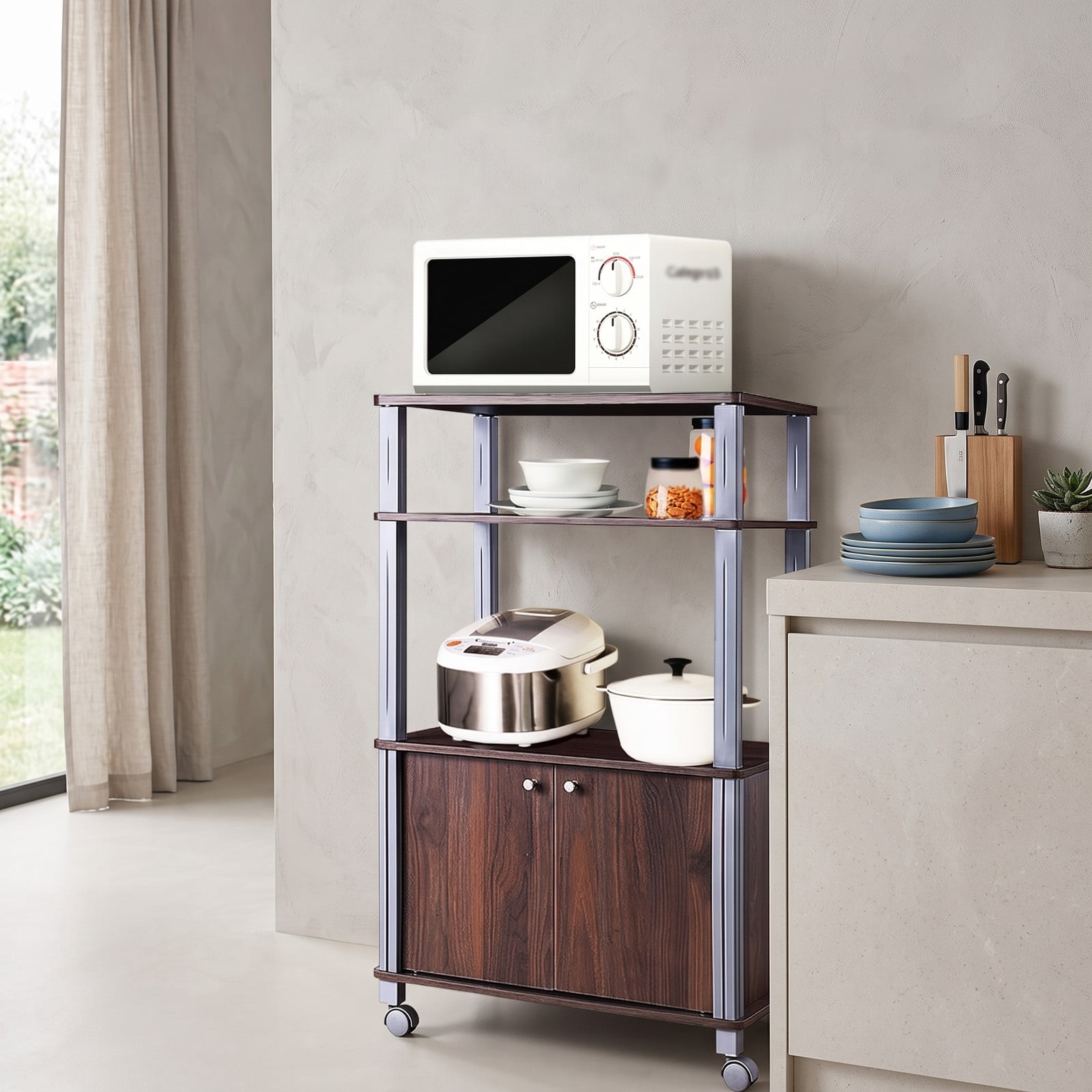 RUIE 3-Tier Microwave Stand with 2-Door Cabinet, Rolling Kitchen Storage Cart for Dining Room, Walnut