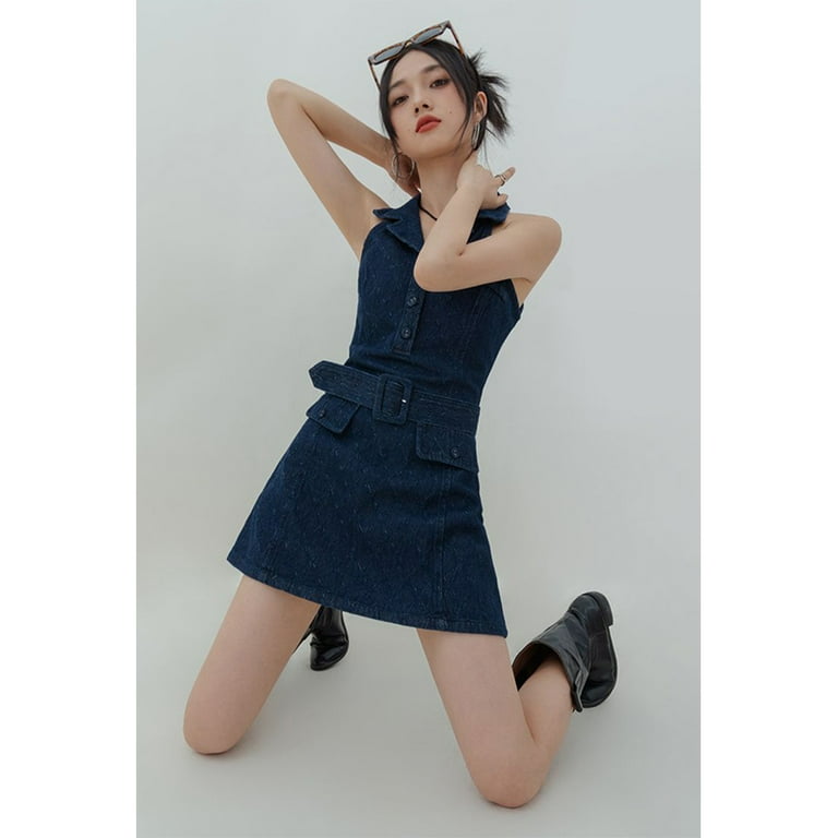 Y2K Denim Mini Dress Women Vintage Belt Sleeveless A Line Dresses