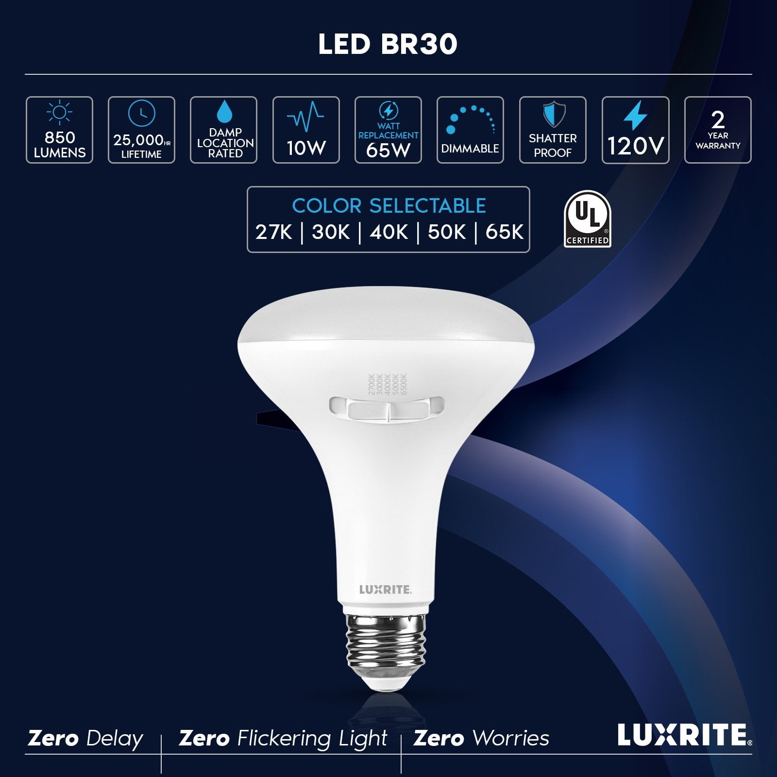 Luxrite BR30 LED Light Bulb 10W=85W 5CCT Dimmable 850 Lumens LED Flood Light Bulb UL Listed E26 Medium Base 6-Pack