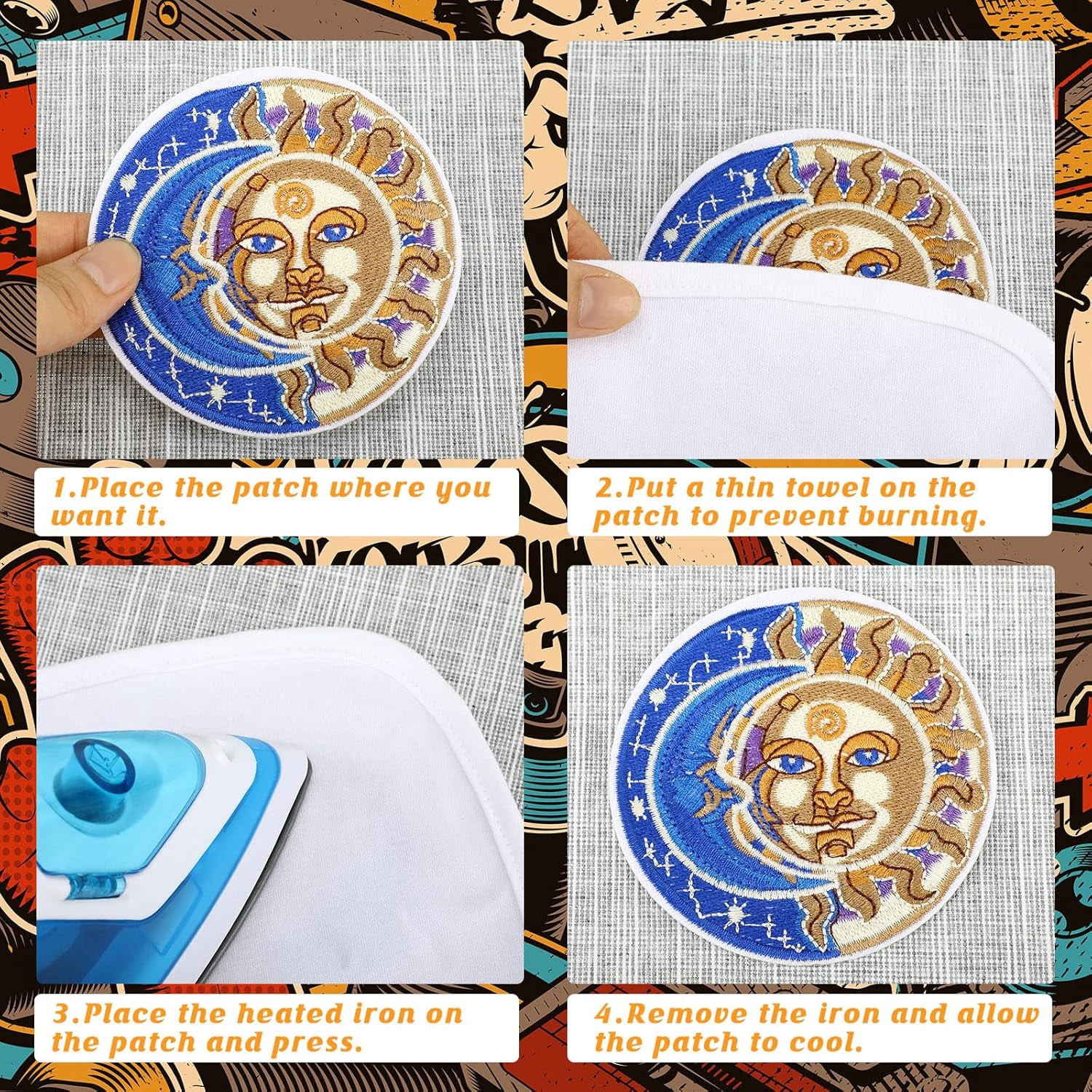 48 Pcs Iron On Patches Hippie Embroidered Patches Random Assorted Styles Kit Aesthetic Repair Appliques for Sewing DIY Jacket Hat Clothing Backpack Jean 1970s Party
