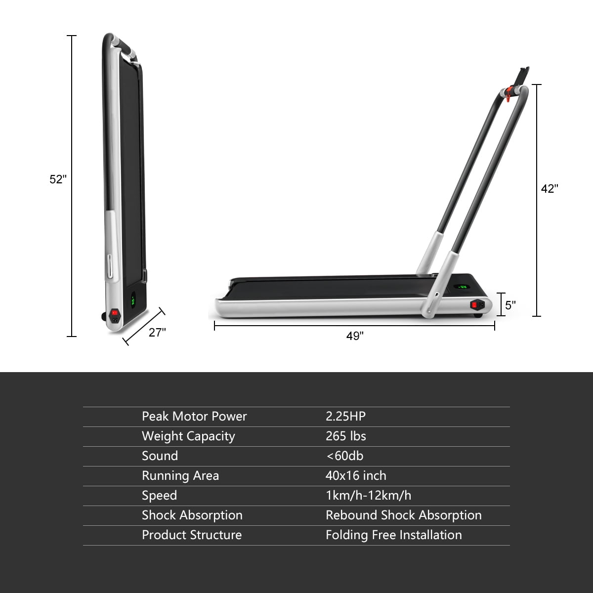 Gymax 2.25HP Under Desk Electric Pad Treadmill Running Machine Silver
