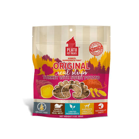 UPC: 0850002221435 | Plato Original Real Strips Turkey & Sweet Potato Grain-Free Dog Treats 3 Oz.