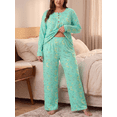 thumbnail image 3 of PINKSIR Plus Size Pajama Sets for Women Printed Long Sleeve Henley Sleepwear Button Pleated Top and Long Pants 2 Piece Loungewear Set with Pockets, 3 of 9