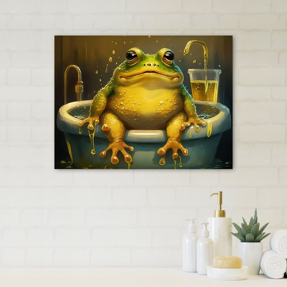 Designart Bathroom Oversized Wall art decor, Bathroom Wall Art, Frog s Bathing Joy I , Gold Modern Canvas wall art, 20x12 inches