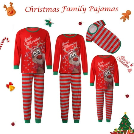 

Family Matching Christmas Pajamas Cartoon Tops with Stripe Pants Suit Sleepwear for Kids Teens Adults Pet Dogs