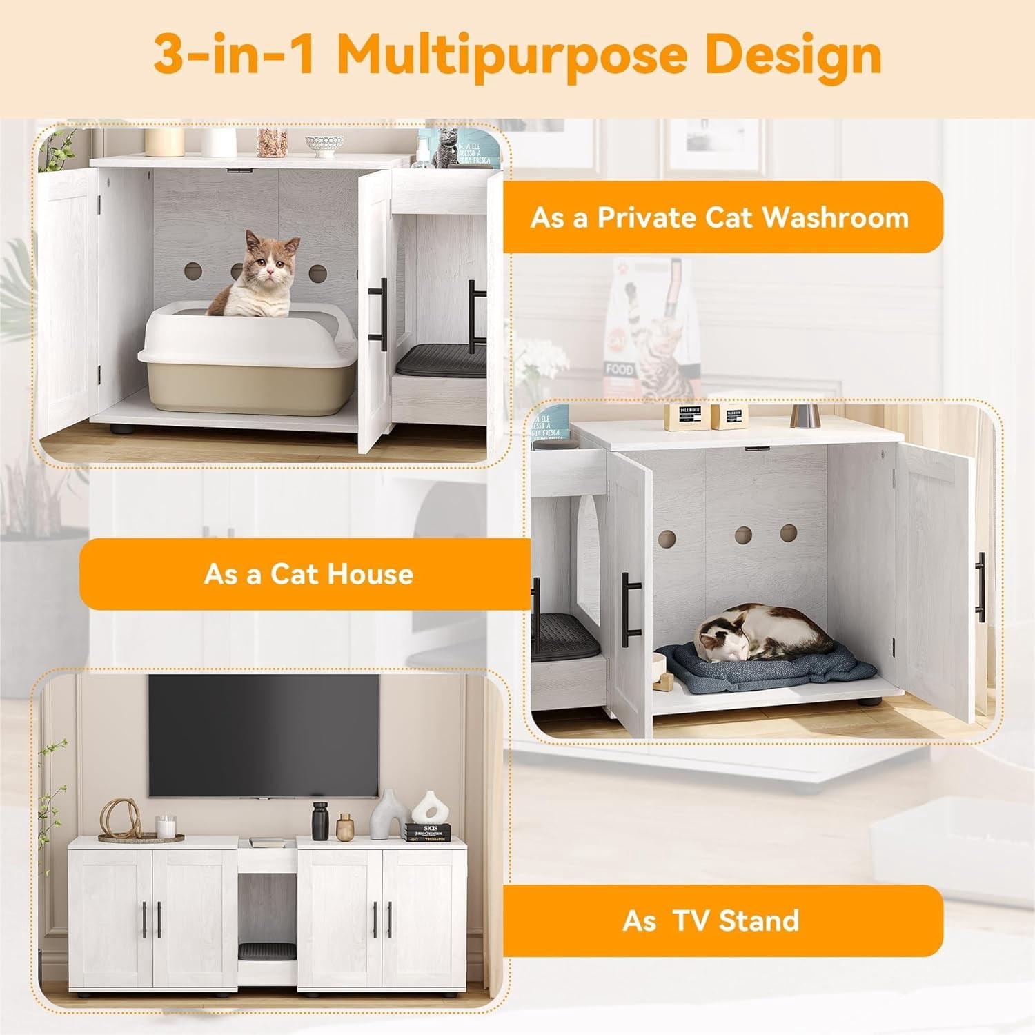 Hetoy Elegant Double-Room Cat Litter Cabinet – Stylish Litter Box Enclosure for Two Cats with Storage and Cat Mat, 55”L x 17.7”W x 22.5”H in White