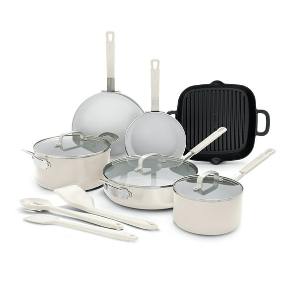 GreenPan Bobby Flay Aluminum Ceramic Nonstick 12-Piece Cookware Set, Cream White