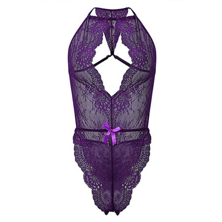 

HTNBO Valentines Lingerie for Women Halter Neck Fishnet Mesh Ladies See Through Sexy Lace Hollow out Purple M