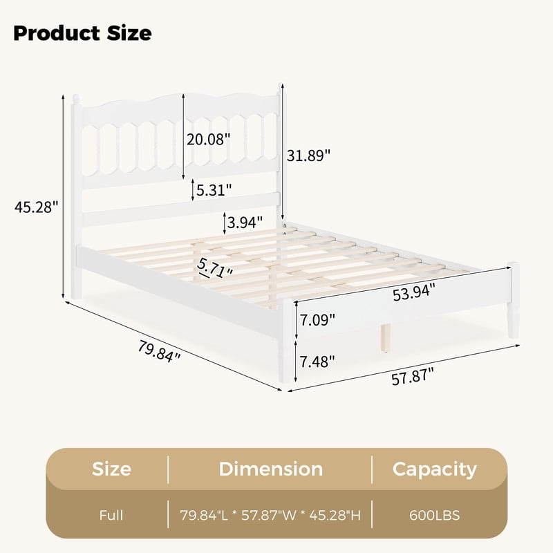 Full Size Retro Countryside Style Wooden Bed Frame with Spindle Headboard, Low Profile Platform Bed with No Box Spring Required