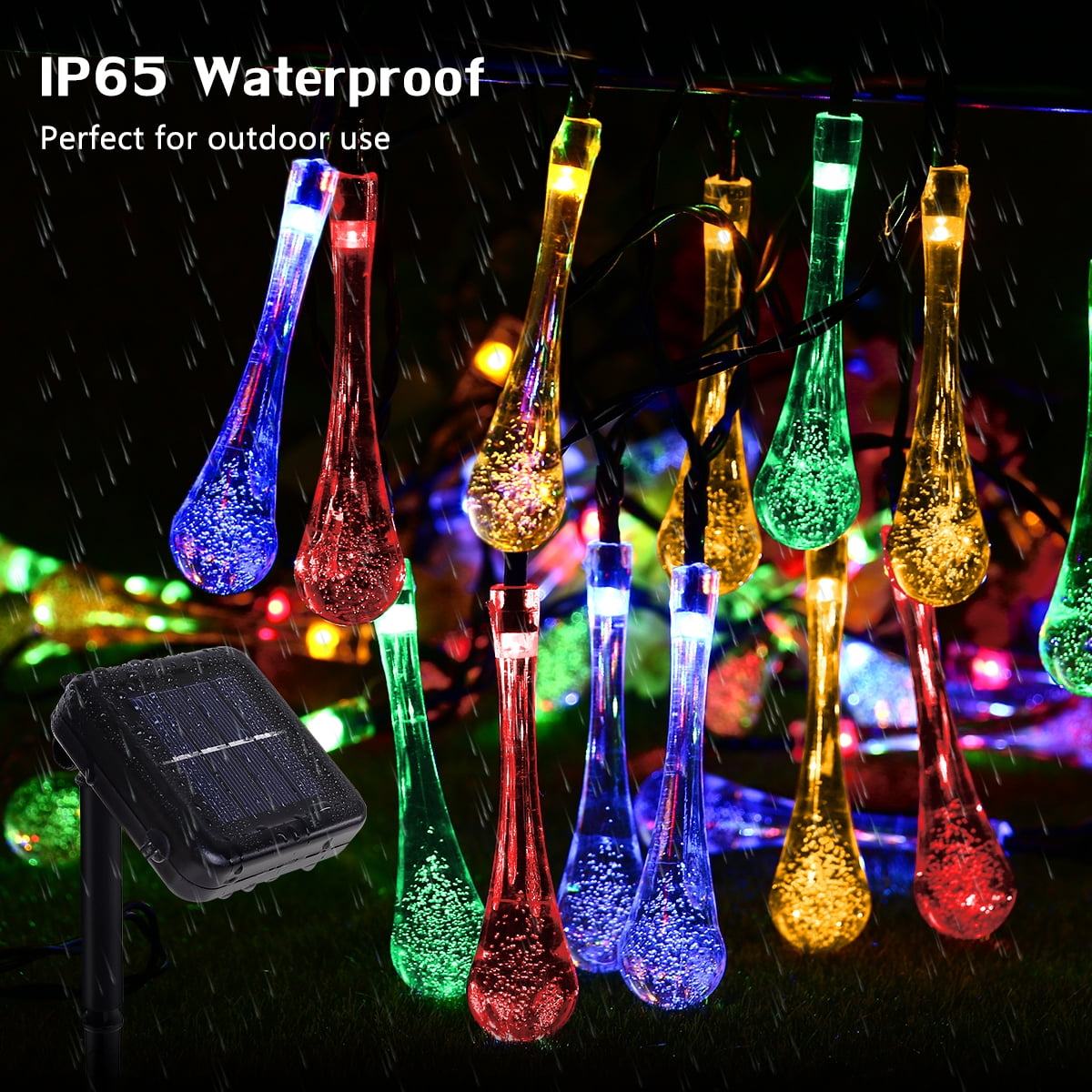 GDEALER Solar Outdoor String Lights 20ft 30 LED White Water Drop Solar