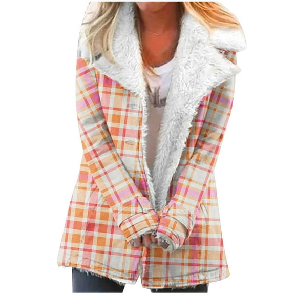Winter Warm Zip Up Caots for Womens Fashion Plus Size Plaid Printed Fashionable Long Sleeved Pocket Composite Plush Button Coat