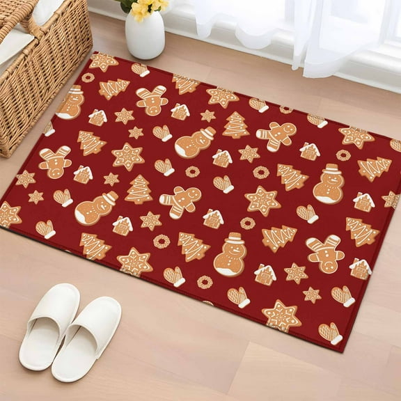 Red Christmas Bathroom Rug Washable 2x3 Entryway Rug Non Slip Xmas Gingerbread Winter Snowman Tree Front Door Mat Low Pile Indoor Doormat Throw Floor Carpet for Kitchen Bedroom Entrance