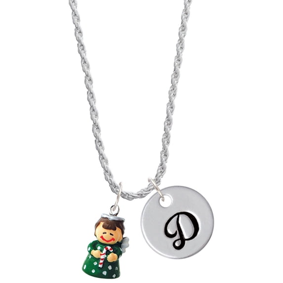 Delight Jewelry Resin Green Angel Holding Candy Cane Silvertone Script Initial Disc - D - Charm Necklace, 20"+3"