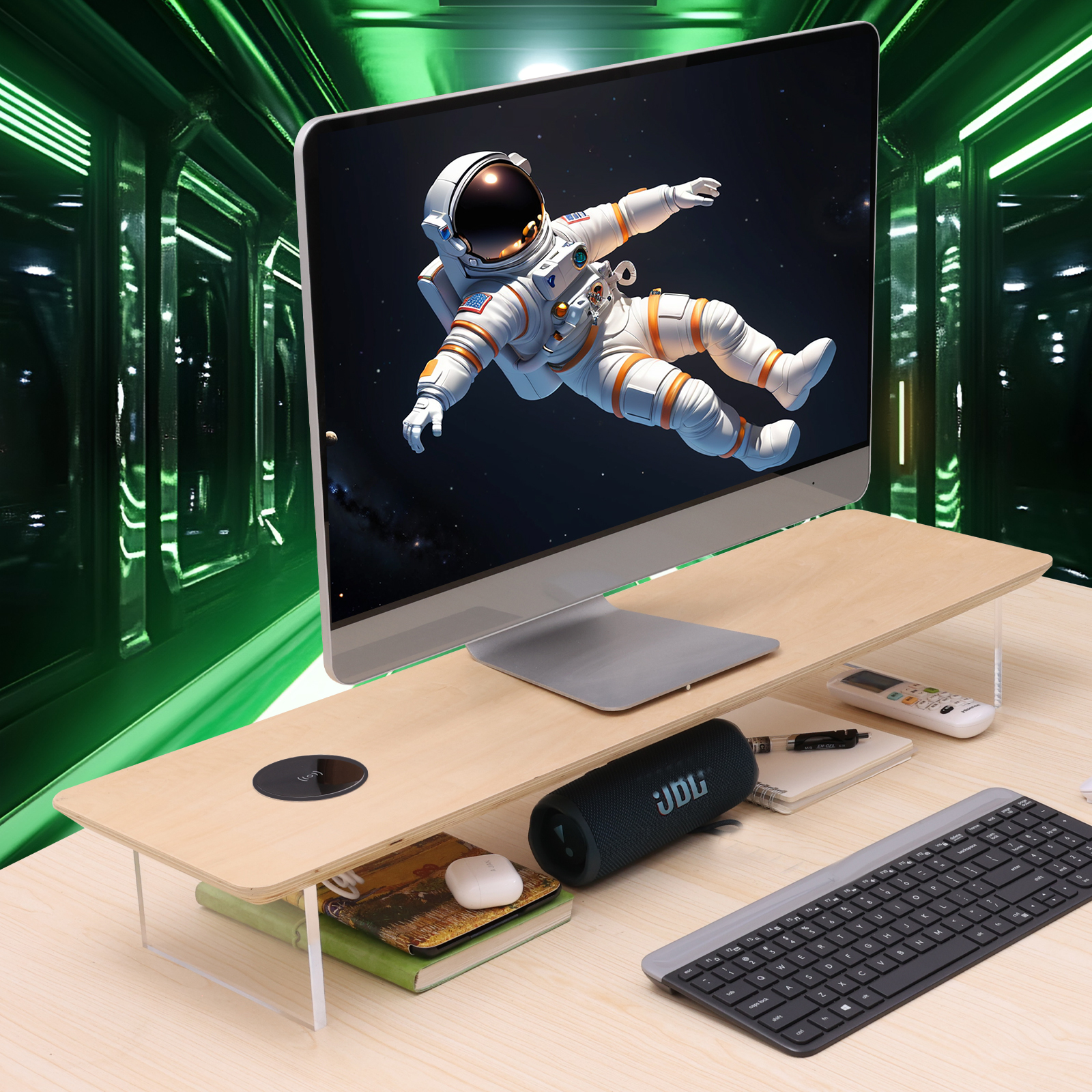 Monitor Stand Riser with Wireless Charging 31.5Inch Large, Wooden Desktop Organizer Shelf for Office Desk Computer,Laptop,TV