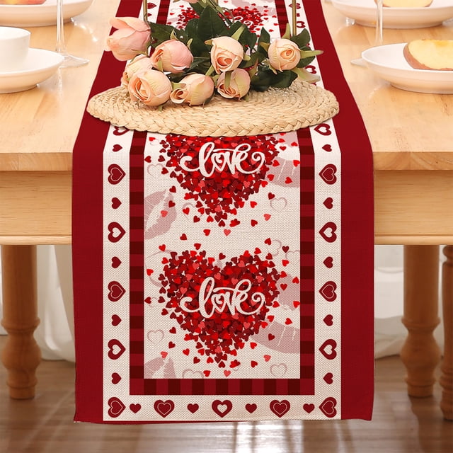 Dvkptbk Valentine's Day Table Runner Kitchen Dining Table Decoration for Indoor Home Party Valentine's Day Rectangle Tablecloth Heart Fabric Table Cloth Washable Linen Tablecloth Home Decor