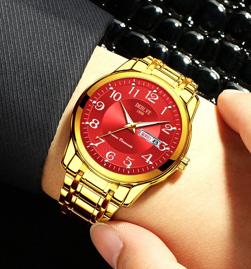 Men's watch with digital luminous display, dual calendar, alloy solid quartz watch, steel strap, waterproof, fashionable non-mechanical wristwatch for men