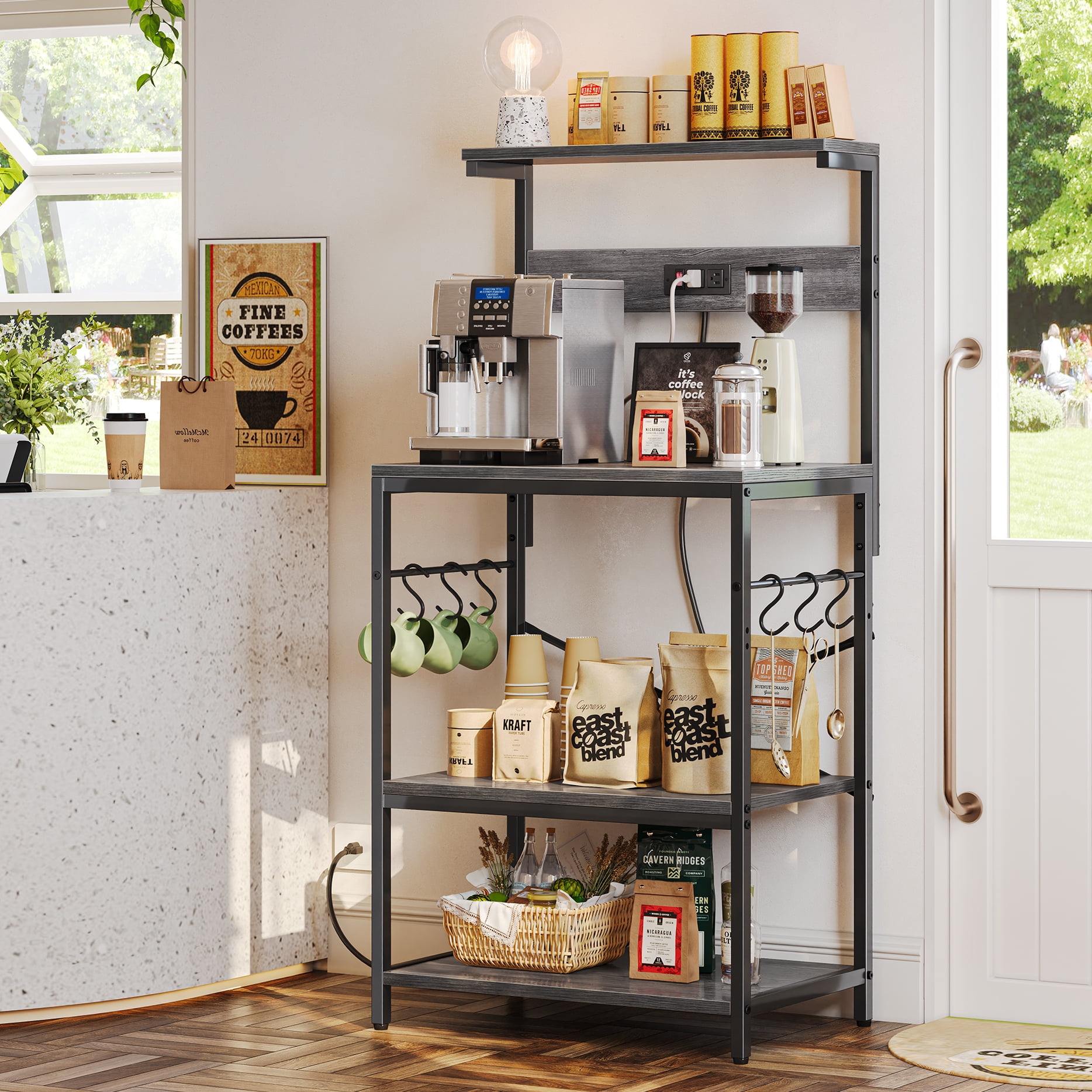 SUPERJARE Bakers Rack with Power Outlet, Kitchen Coffee Bar Table, Wood Microwave Stand with Hooks and Storage Shelves, Kitchen Shelf Rack, Charcoal Gray
