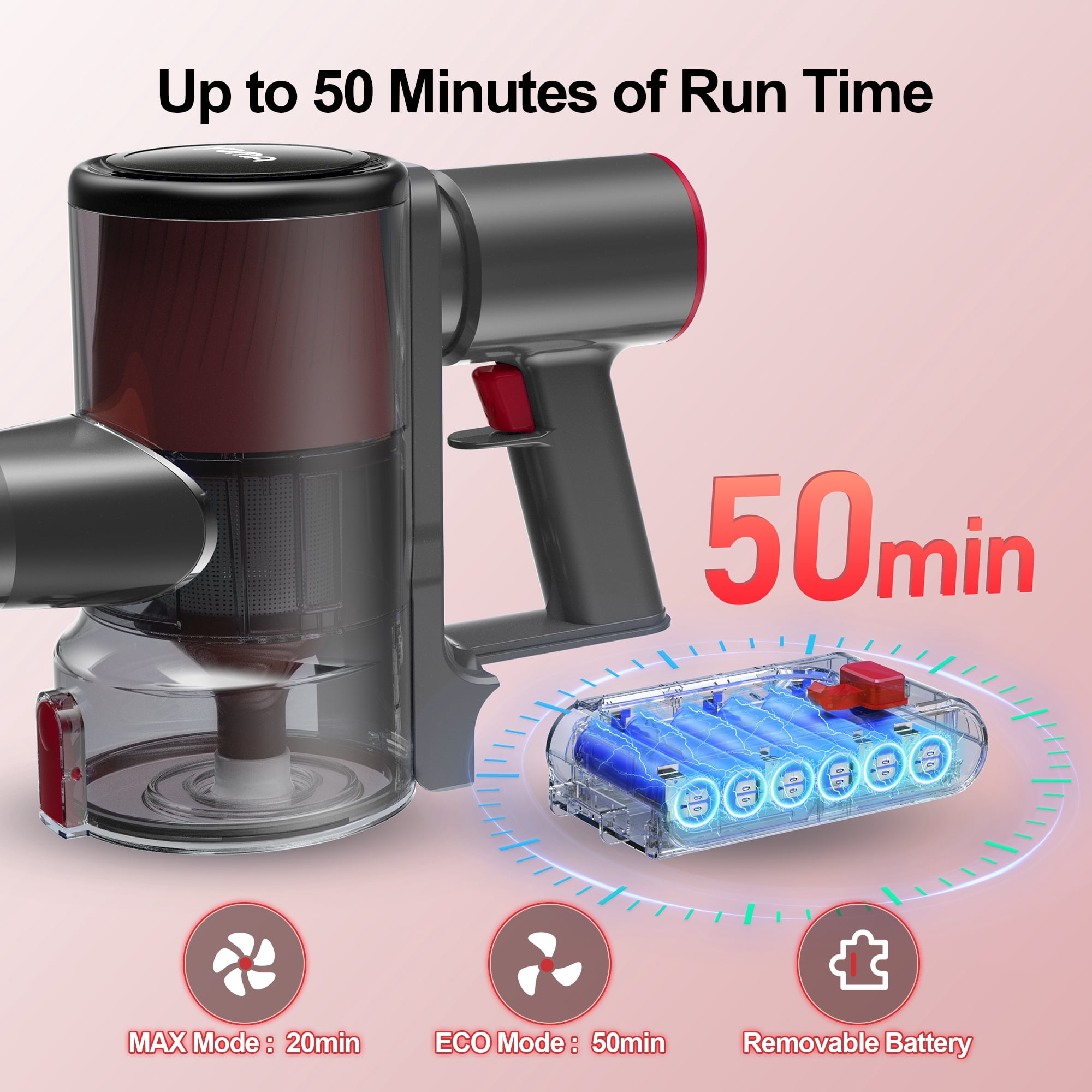 YOMA S18 Cordless Vacuum Cleaner, 6 in 1 Lightweight Stick Vacuum with Detachable Battery, 26Kpa Powerful Suction Vacuum Cleaner for Home Carpet Hardfloor Pet Hair