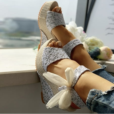 

Aayomet Cute Sandals for Women Women s Ladies Platform Wedges Heel Sandals Floral Flower Lace-up Shoes Footwear White 7