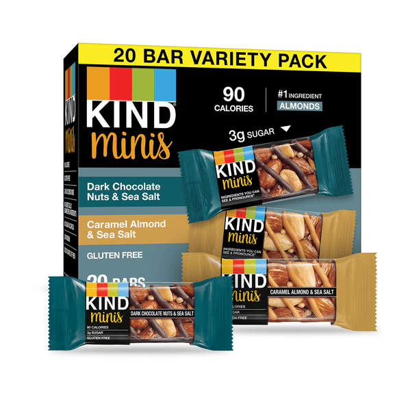 KIND Minis Bars Variety Pack, Dark Chocolate Nuts & Sea Salt, Caramel Almond & Sea Salt, Gluten 0.7 oz, 20 Count - Walmart.com