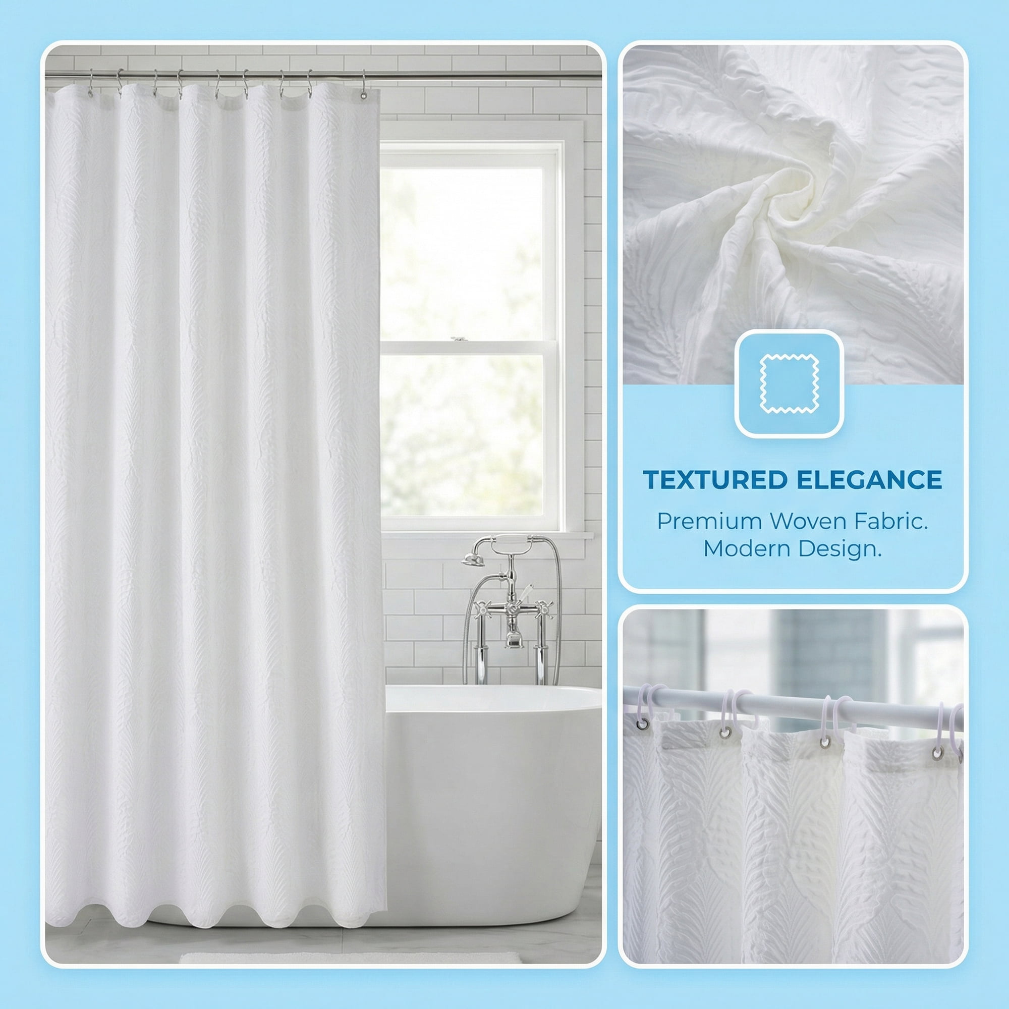 Unique Bargains Waterproof Fabric Shower Curtain Sets White - Leaves 71"W x 71"L
