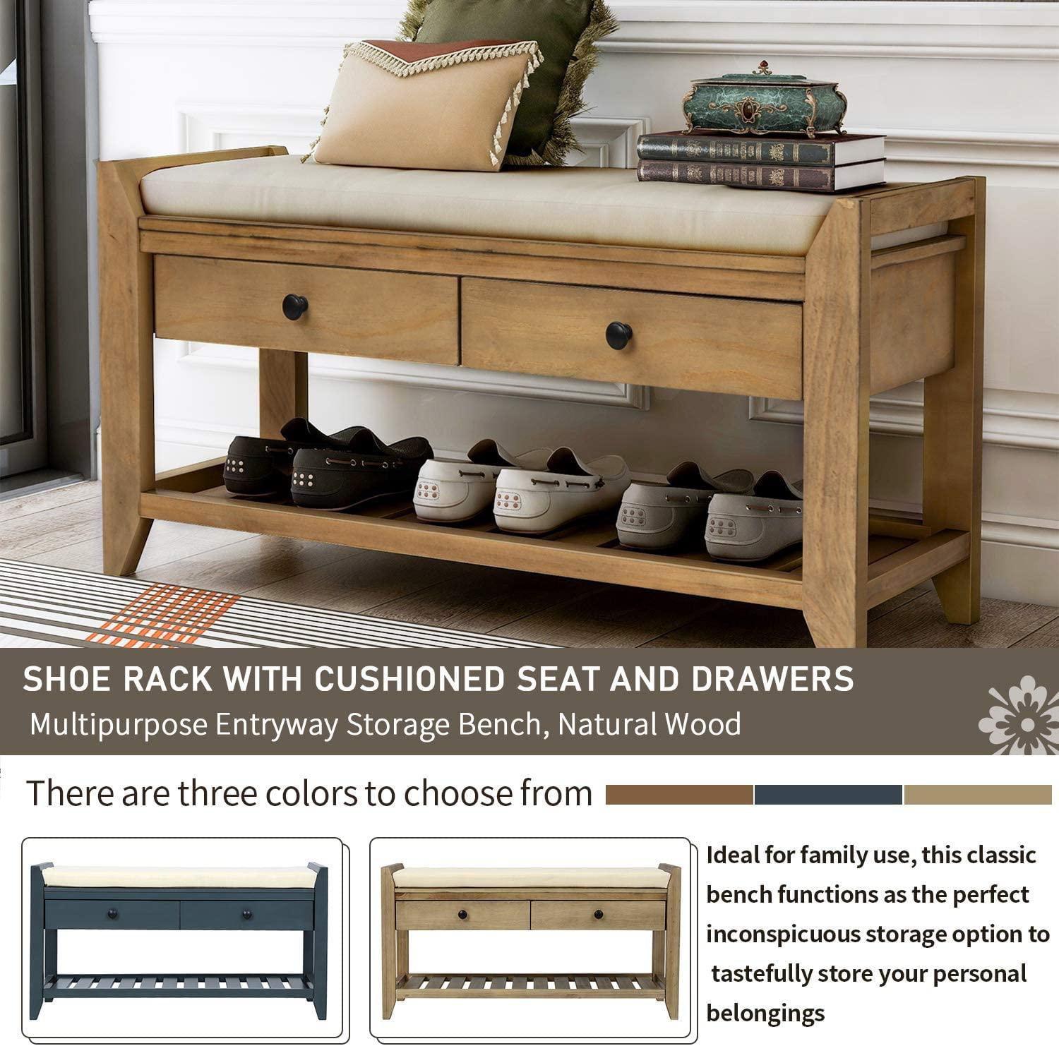 P PURLOVE Entryway Storage Bench with Cushioned Seat Shoe Rack with 2  Drawers and Storage Shelf, Antique Navy