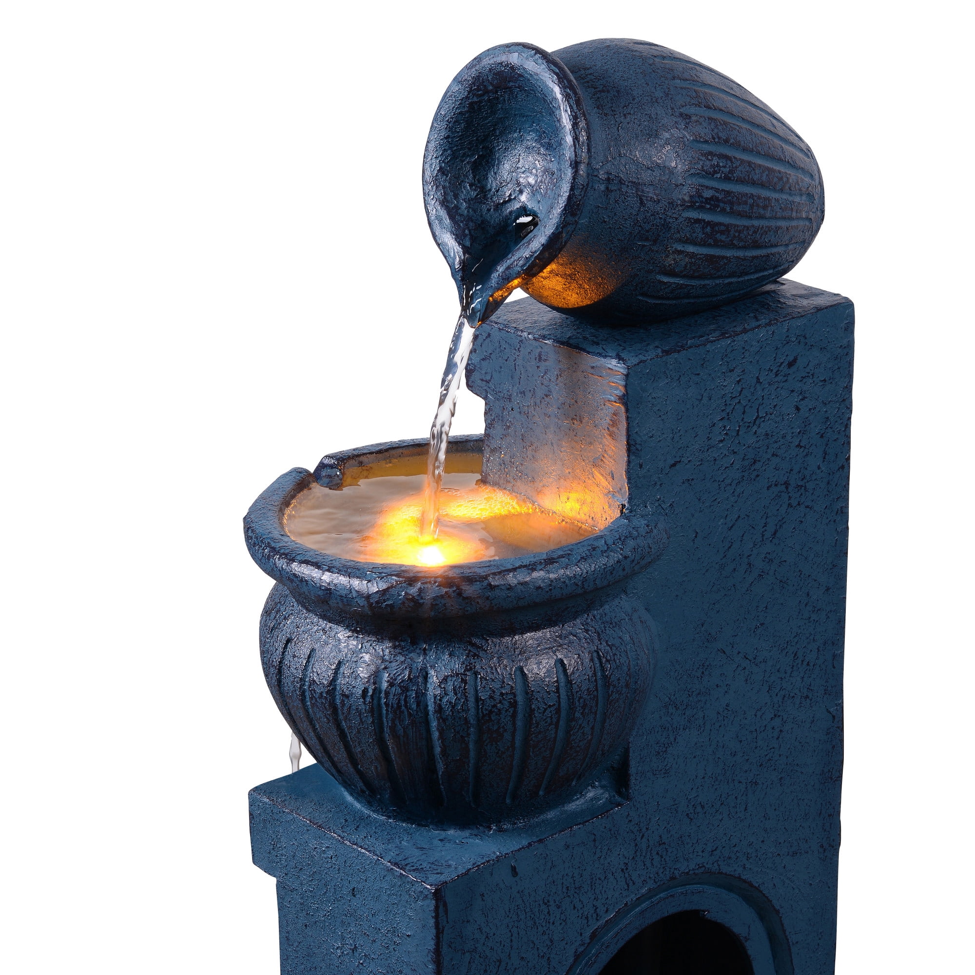 Teamson Home Outdoor 4-Tier Cascading Bowl Water Fountain with LED Lights, Solar-Powered & Adjustable Flow Rate, Navy