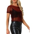 thumbnail image 4 of INSPIRE CHIC Women's Mesh Semi Sheer Short Sleeve Metallic Shiny Cropped Top XS Red, 4 of 6